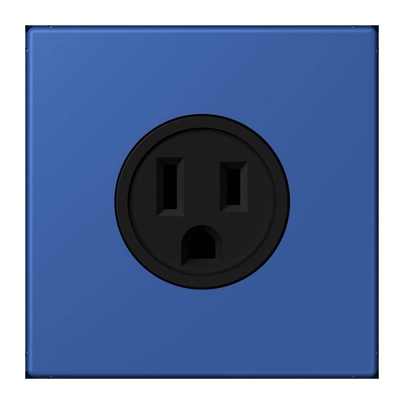 Blauer Würfel mit einer schwarzen nordamerikanischen Steckdose auf einer Seite, der an das Design einer Retro-Spielkonsole erinnert.