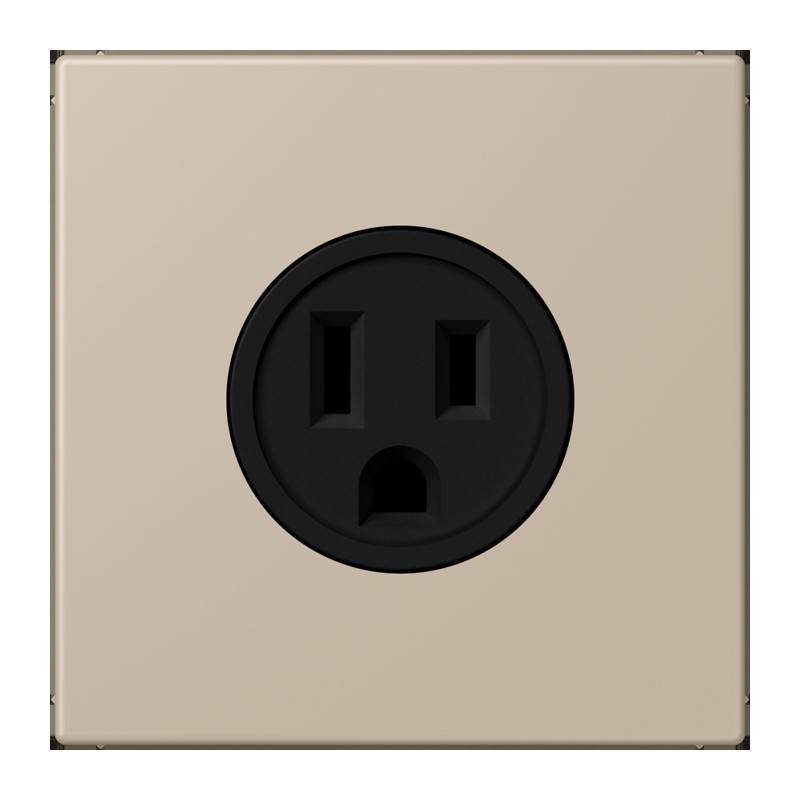 Eine beige Steckdose mit einem runden, schwarzen Mittelpunkt und zwei vertikalen Steckeröffnungen, die einem Gesicht mit überraschtem Ausdruck ähnelt.