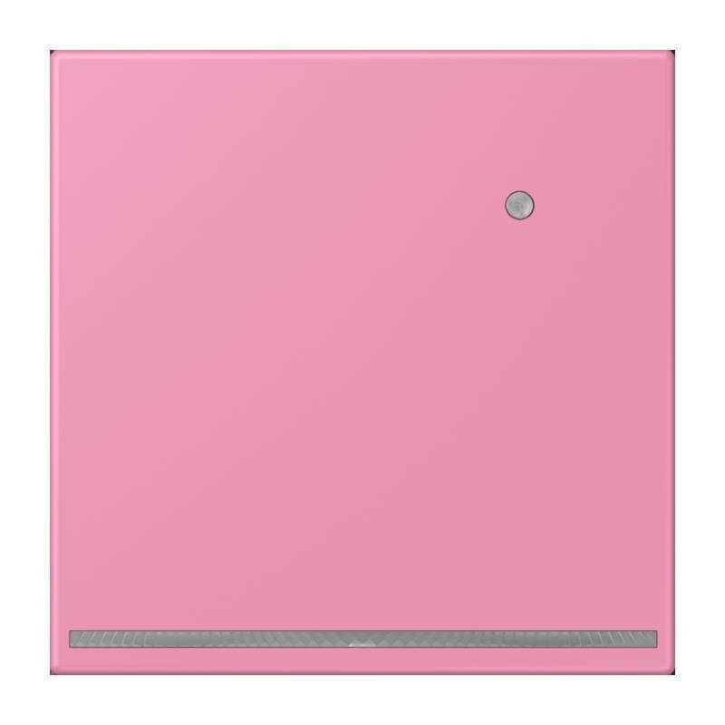 Ein rosa quadratisches elektronisches Gerät mit einer einzelnen runden Taste und einem kleinen horizontalen Lüftungsschlitz am unteren Rand.