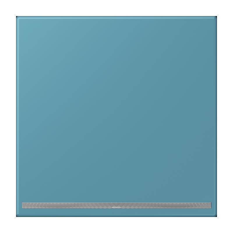 Ein blauer quadratischer Bedienfeld mit einem horizontalen Metallstreifen am unteren Rand.