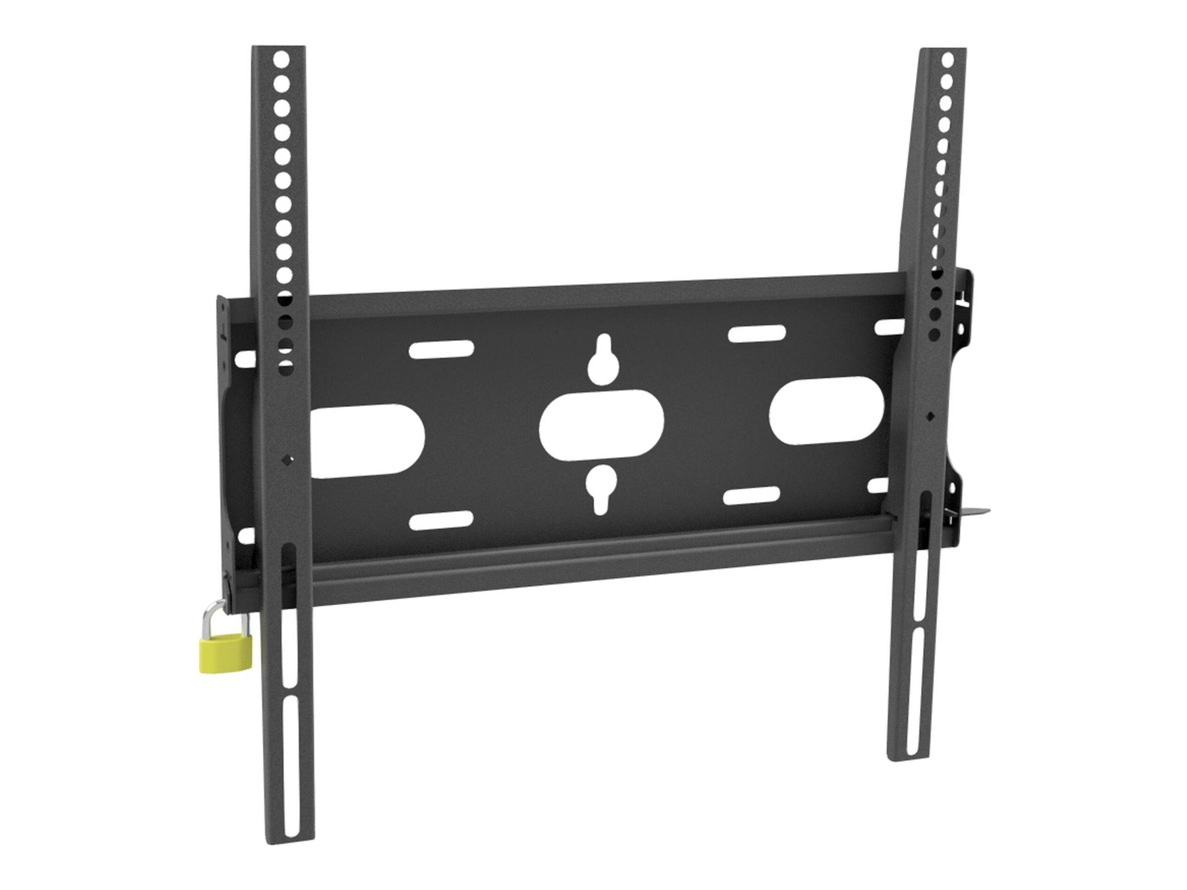Verstellbare schwarze Metall-TV-Wandhalterung mit vertikalen Schienen und einem kleinen gelben Schloss auf der linken Seite.