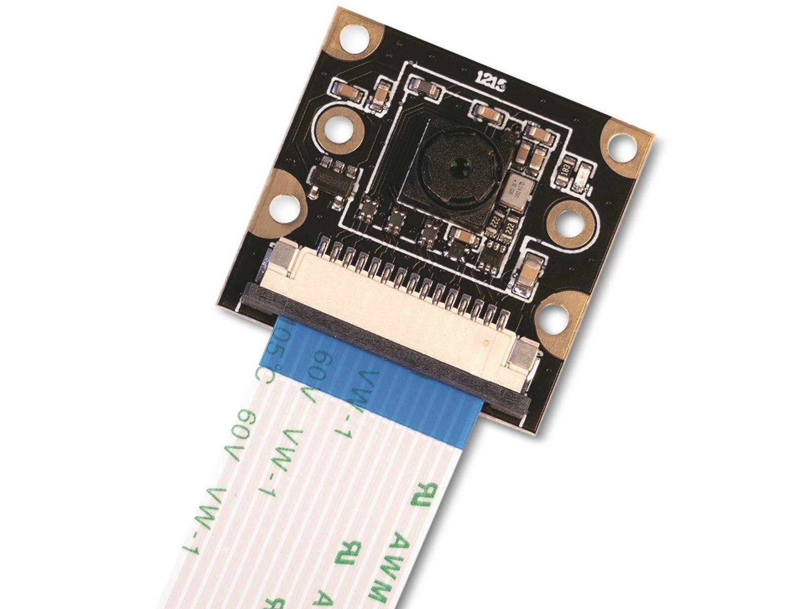 Kleine schwarze Leiterplatte mit Linse und flachem Kabel, wahrscheinlich ein Kameramodul für elektronische Geräte.