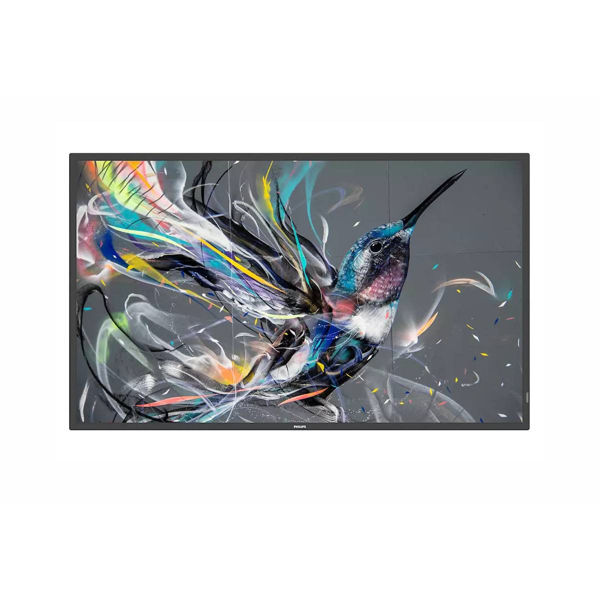 Ein lebendiges digitales Gemälde eines Kolibris mit bunten, abstrakten Flügeln vor einem grauen Hintergrund. Das Bild vermittelt Energie und Bewegung.