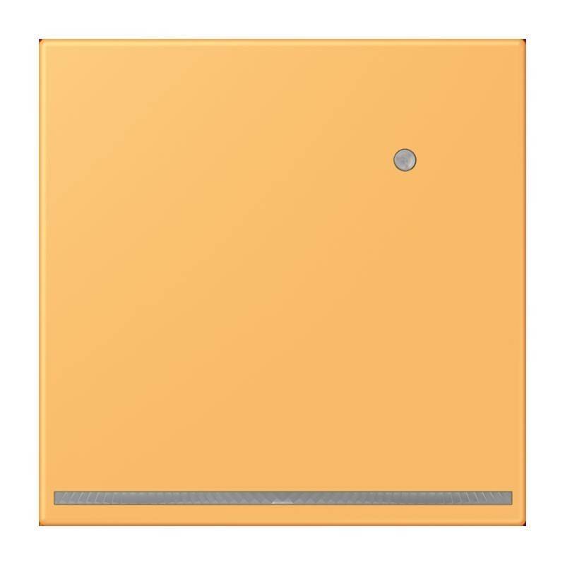 Ein quadratischer, orangefarbener, moderner Lichtschalter mit einem kleinen kreisförmigen Knopf und einem schmalen horizontalen Streifen nahe dem unteren Rand.