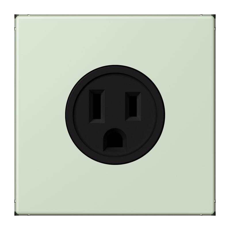 Eine quadratische Steckdose mit schwarzer Fassung auf einem hellgrünen Hintergrund. Die Steckdose verfügt über zwei vertikale Schlitze und einen runden Schlitz.