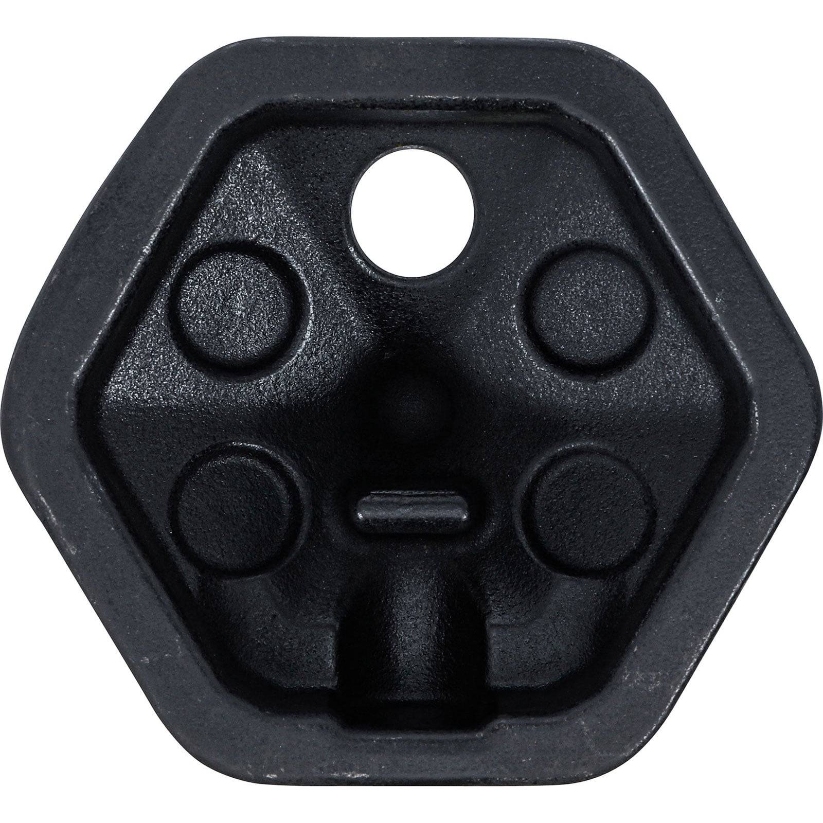 Eine schwarze, sechseckige Schlüssellochblende mit einem zentralen Schlüsselloch und vier hervorstehenden Designs um das Loch herum.
