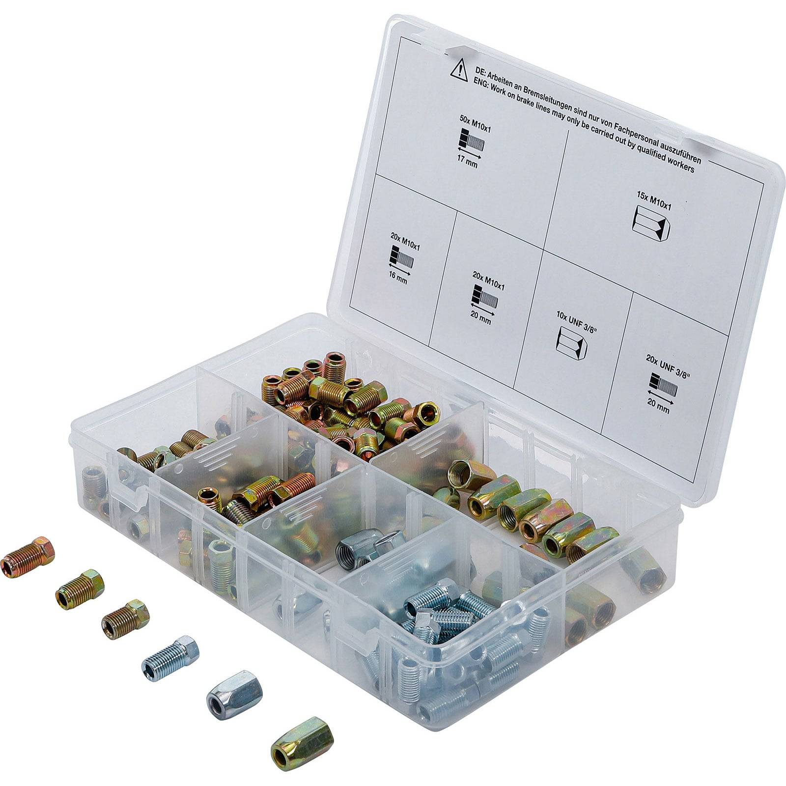 Eine offene Plastik-Aufbewahrungsbox mit verschiedenen Metallschrauben und -muttern, die in Fächern sortiert sind. Eine Skizze auf dem Deckel zeigt die Größen der Muttern.