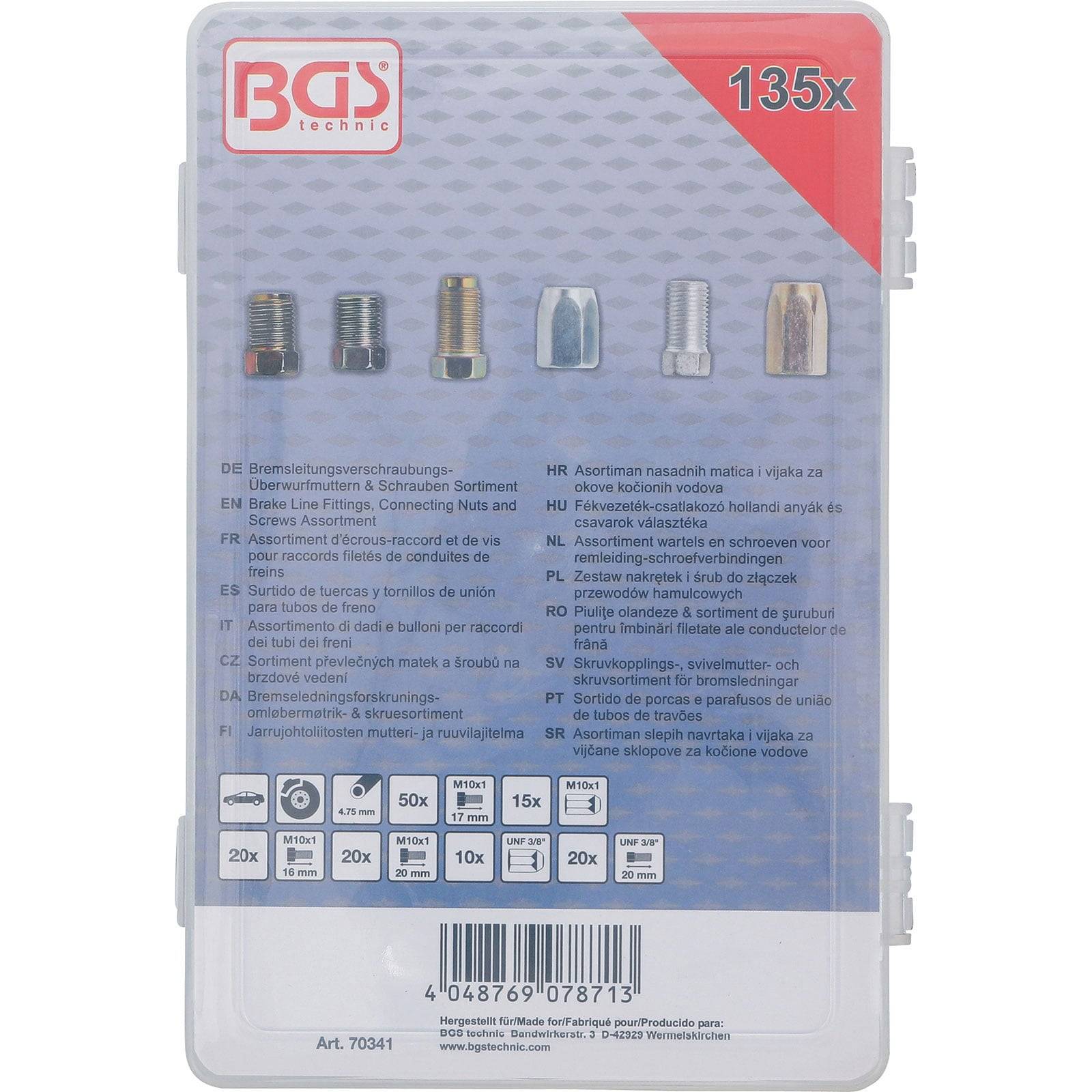 BGS Marke 135-teilige Sortimentsbox mit Abbildungen verschiedener Verbinder auf der Oberseite. Inhaltsliste und Barcodes am unteren Rand.