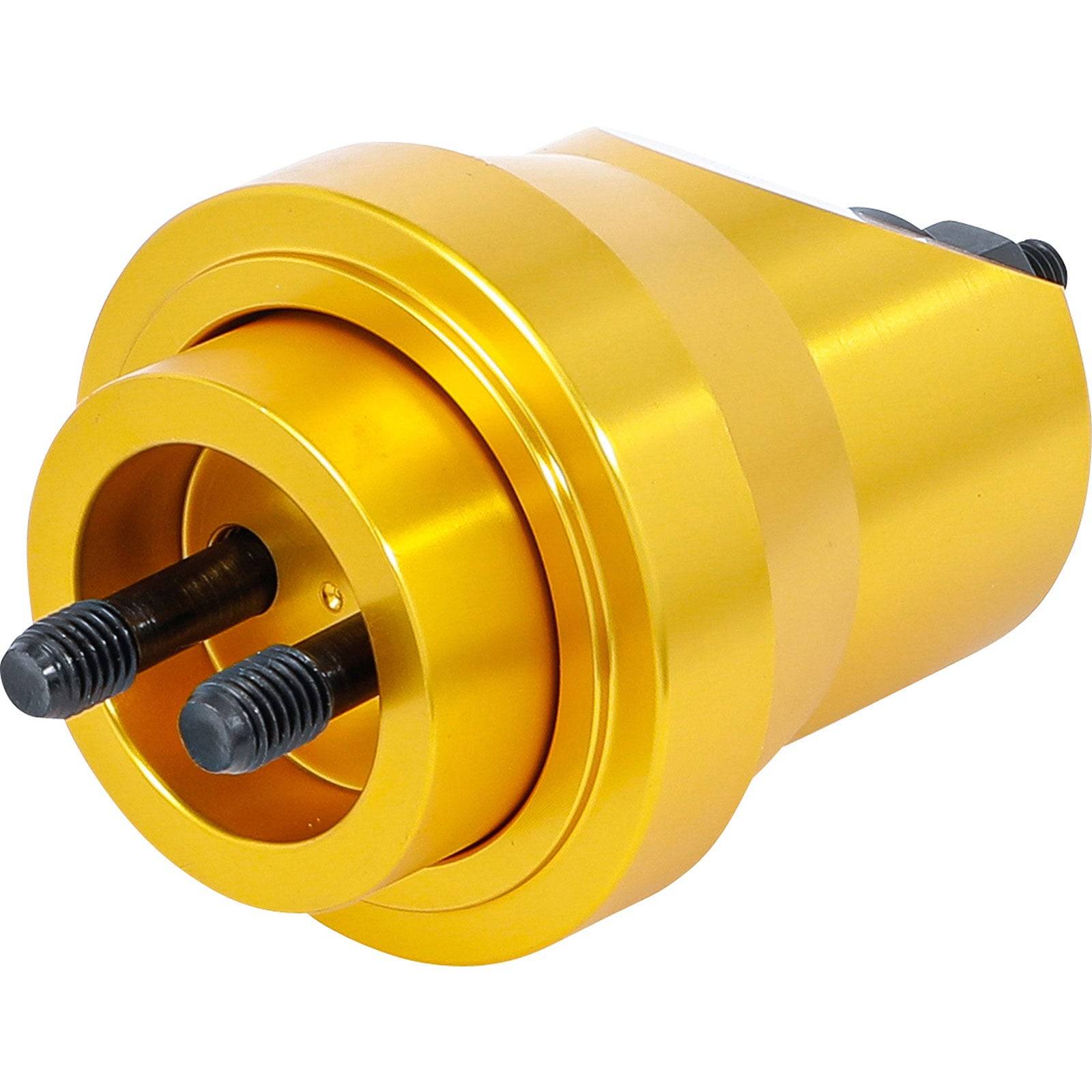Ein goldenes mechanisches Teil mit zwei hervorstehenden Gewindebolzen, möglicherweise eine Komponente einer Maschine oder Ausrüstung.