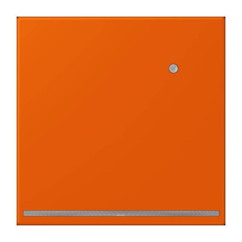 Ein orangefarbenes quadratisches Panel mit einem kleinen kreisförmigen Knopf in der oberen rechten Ecke und einem schmalen Streifen nahe dem unteren Rand.