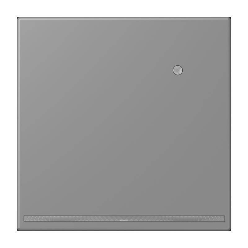 Ein minimalistischer Lichtschalter mit matter Grau-Oberfläche, mit einem dezenten runden Knopf in der oberen rechten Ecke und einem schmalen LED-Indikator am unteren Rand.