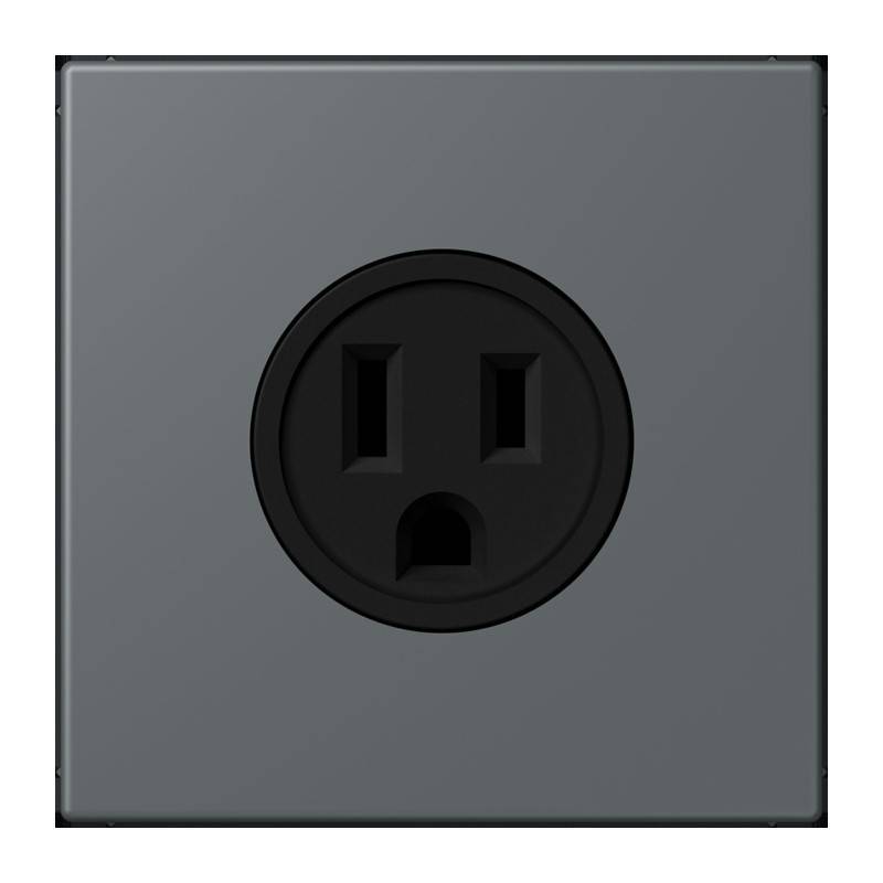 Eine elektrische Steckdose mit einem schwarz-grauen Design, die zwei vertikale Schlitze und ein rundes Loch für einen dreiprongigen Stecker aufweist.