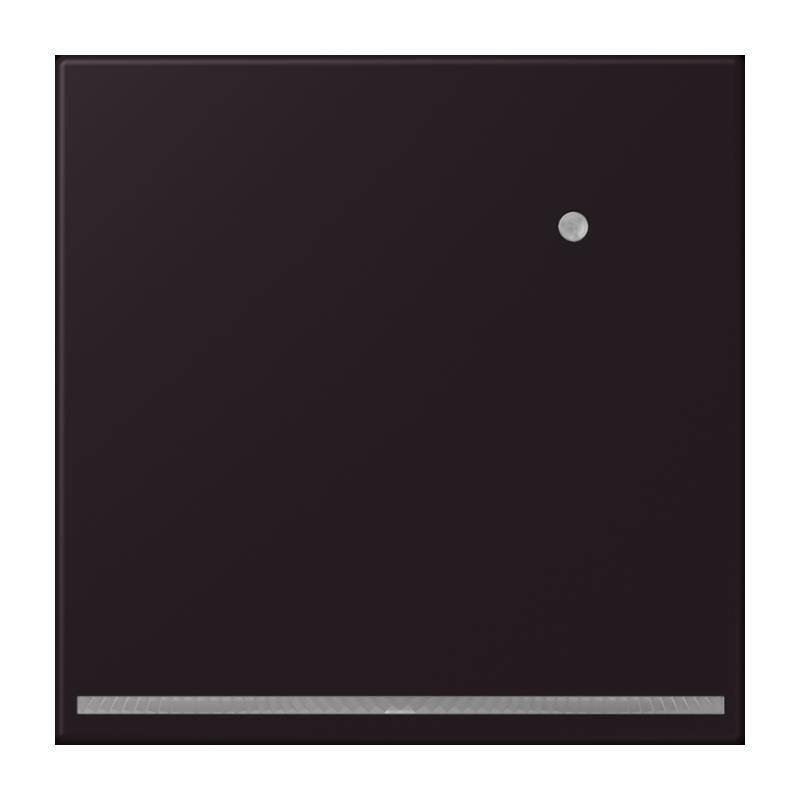 Ein minimalistisches, schwarzes quadratisches Panel mit einem kleinen kreisförmigen Knopf in der oberen rechten Ecke und einer dünnen Linie am unteren Rand, was eine Steuerungsoberfläche andeutet.