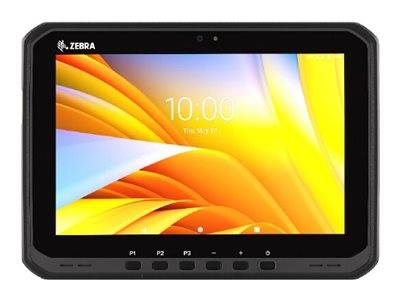 Ein Zebra robustes Tablet zeigt einen leuchtend gelb-orangen Startbildschirm mit der Uhrzeit 10:00 an.