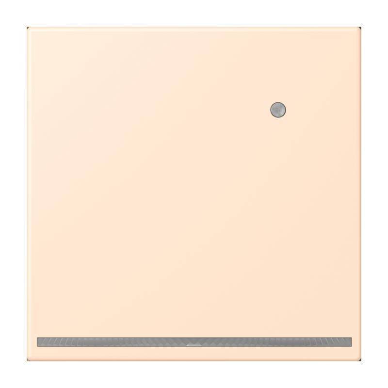 Ein pfirsichfarbener quadratischer Lautsprecher mit einem kleinen runden Knopf nahe der oberen rechten Ecke und einem schmalen Streifen am unteren Rand.