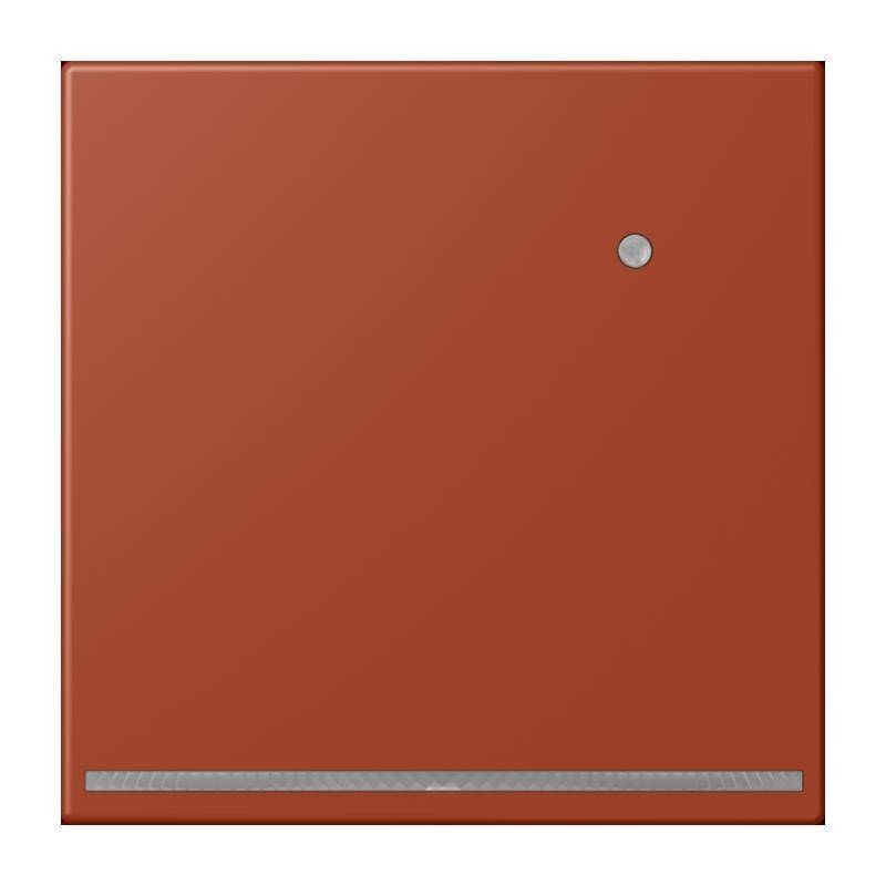 Rotes Quadratfeld mit einem kleinen kreisförmigen Knopf in der oberen rechten Ecke und einem dünnen horizontalen Streifen am unteren Rand.