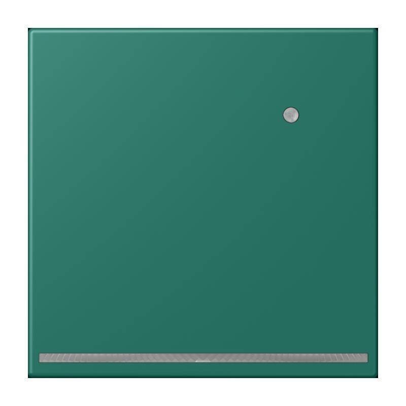 Ein grünes Quadrat mit einem runden silbernen Knopf in der oberen rechten Ecke und einem dünnen silbernen Balken am unteren Rand, ähnlich einer minimalistischen elektronischen Geräte-Benutzeroberfläche.
