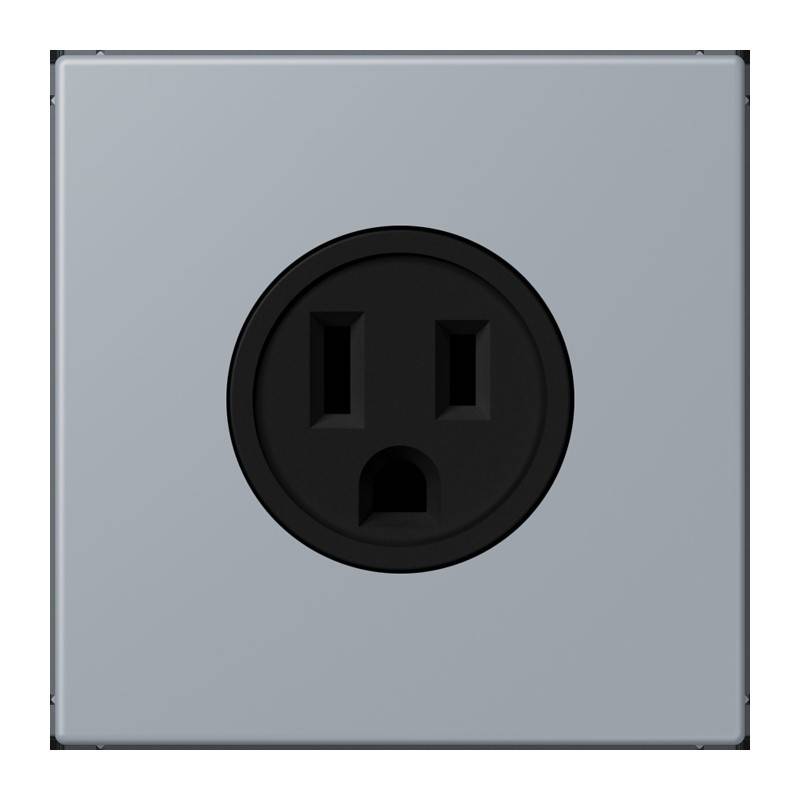 Ein Nahaufnahmefoto einer grauen elektrischen Wandsteckdose mit einer schwarzen kreisförmigen Steckdose, die zwei vertikale Schlitze und eine runde Öffnung darunter aufweist.