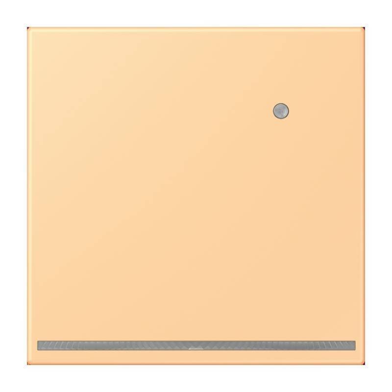 Eine hellorangefarbene quadratische Oberfläche mit einem kleinen kreisförmigen Knopf in der Nähe der oberen rechten Ecke und einer schmalen horizontalen Linie am unteren Rand.