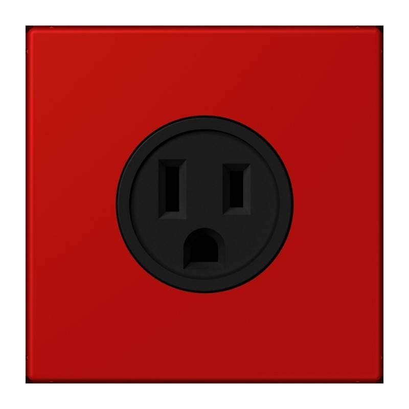 Ein roter elektrischer Steckdosendeckel mit einer Standard-schwarzen Steckdose in der Mitte.