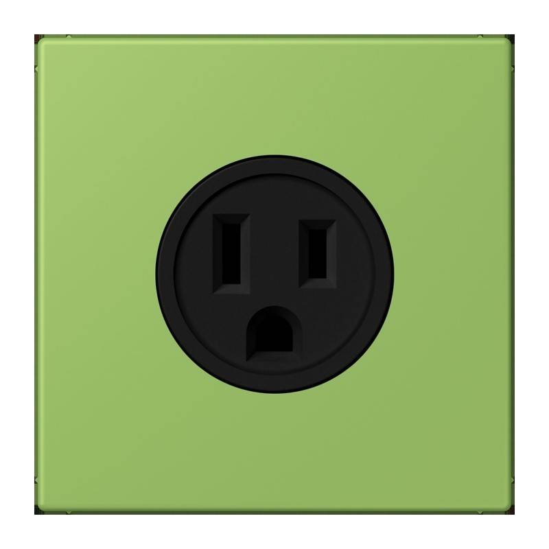 Eine grüne elektrische Steckdose mit standardmäßigem US-Steckerdesign in Schwarz, zentriert auf der Abdeckplatte.