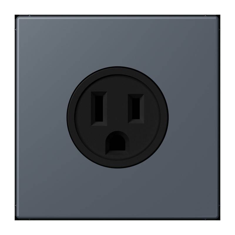 Ein schwarzer elektrischer Steckdose auf einem grauen quadratischen Panel, zentriert im Bild.