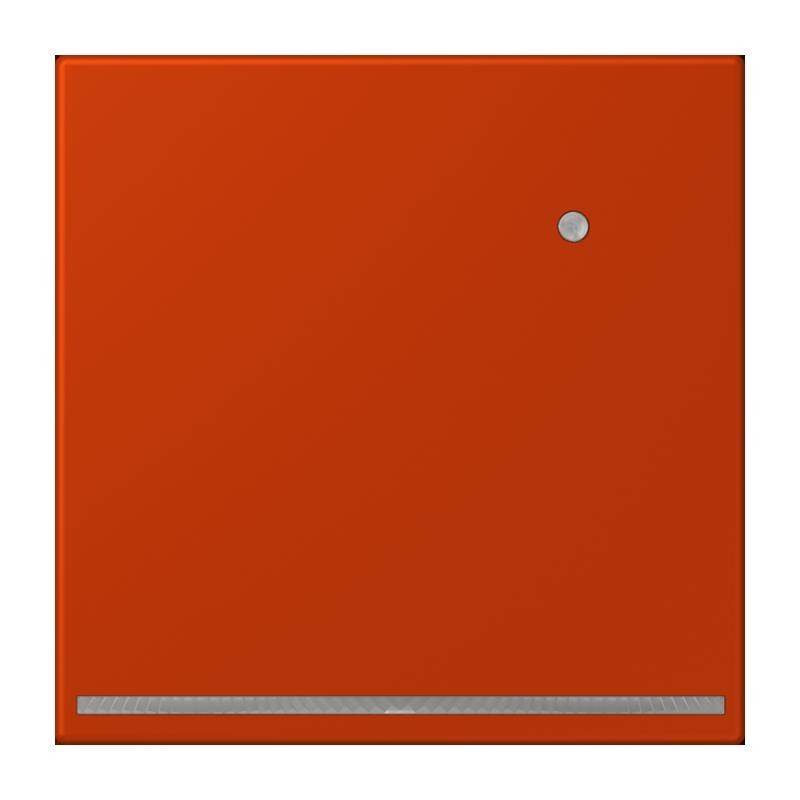 Ein orangefarbenes quadratisches Panel mit einem kleinen kreisförmigen Knopf in der Nähe der oberen rechten Ecke und einem schmalen horizontalen Streifen am unteren Rand.