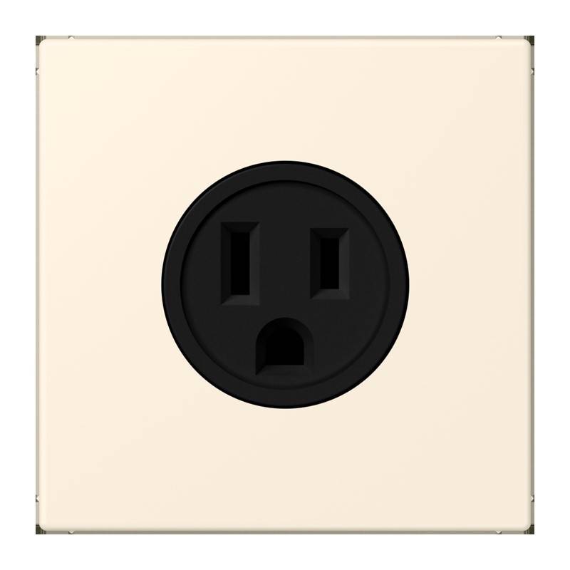 Eine beige Steckdose mit einer schwarzen Abdeckplatte, die eine geerdete Steckbuchse mit zwei vertikalen Schlitzen und einem runden Erdungsloch aufweist.