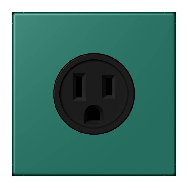 Eine grüne Steckdose mit schwarzer Socketabdeckung, die zwei vertikale Schlitze und ein rundes Erdungsloch zeigt, zentriert auf einem grünen Quadrat.