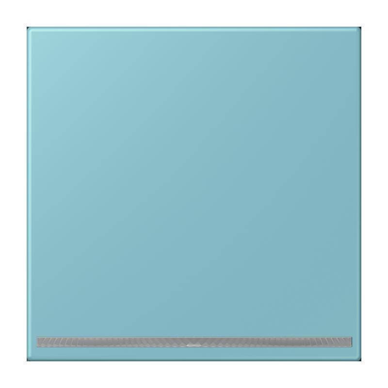 Ein quadratisches Glaspanel mit einem hellblauen Ton und einem kleinen grauen Streifen am unteren Rand, isoliert auf einem weißen Hintergrund.