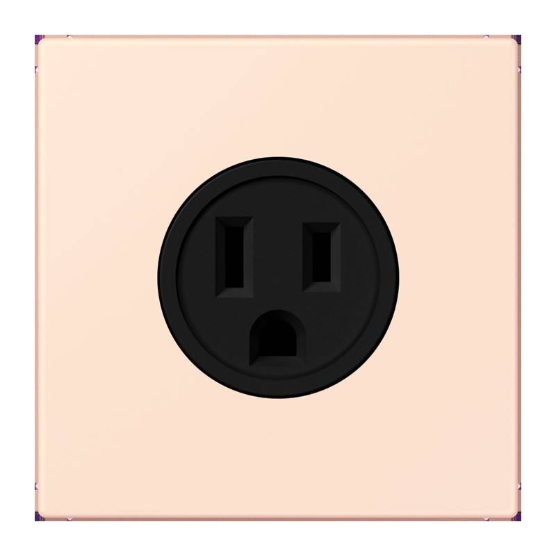Eine beige Wandsteckdose mit einem schwarzen kreisförmigen Auslass-Design, das zwei vertikale Schlitze und ein rundes Loch darunter aufweist, was einem überraschten Gesichtsausdruck ähnelt.