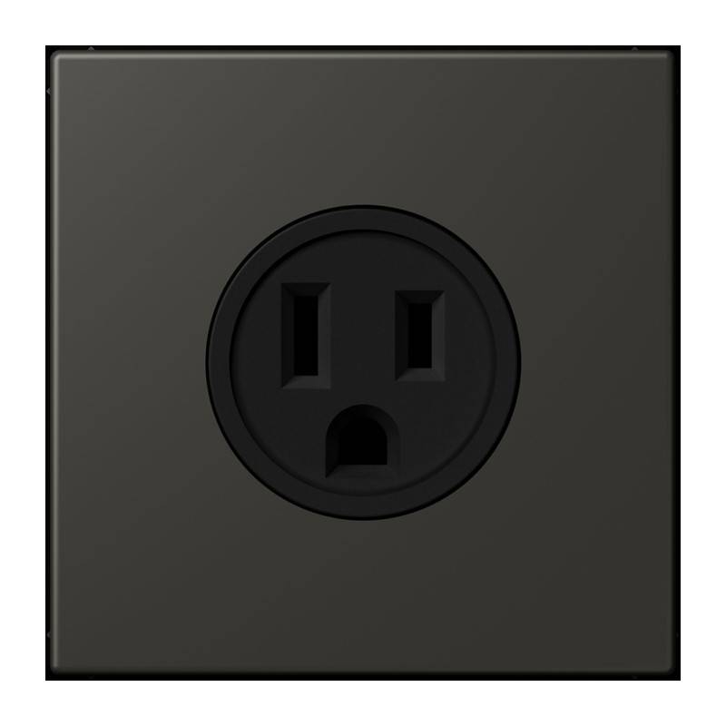 Eine schwarze elektrische Wandsteckdose mit zwei vertikalen Schlitzen und einem runden Erdungsloch, montiert auf einer dunklen quadratischen Platte.