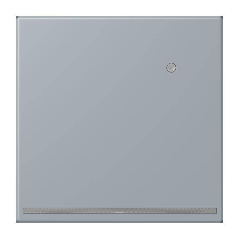 Ein minimalistisches, quadratisches graues Panel mit einem kleinen kreisförmigen Knopf in der oberen rechten Ecke und einer dünnen horizontalen Leiste am unteren Rand.