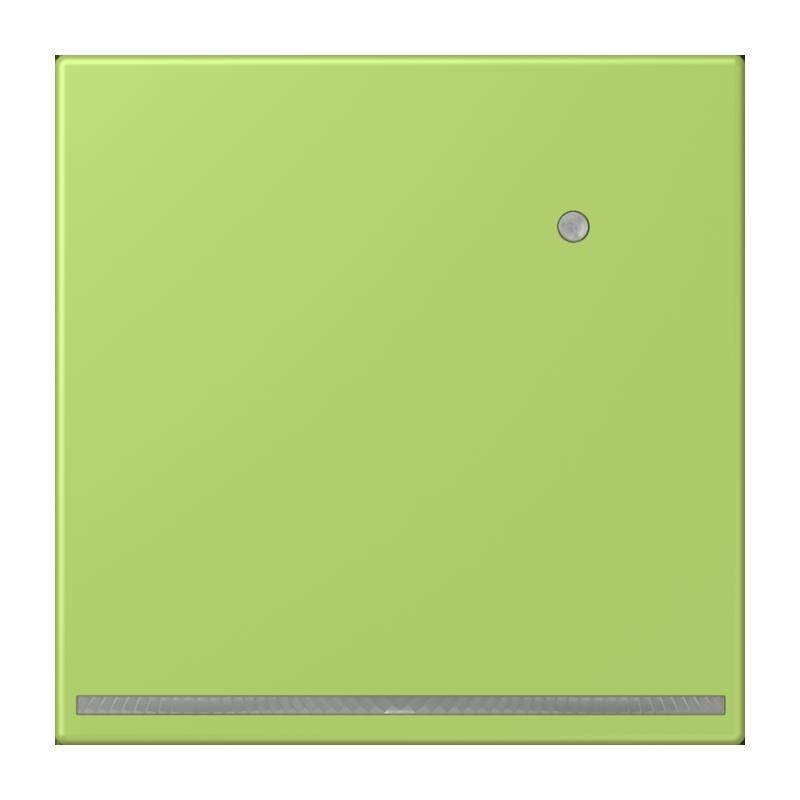 Ein grünes quadratisches Panel mit einem kleinen runden Knopf nahe der oberen rechten Ecke und einer horizontalen Linie am unteren Rand.