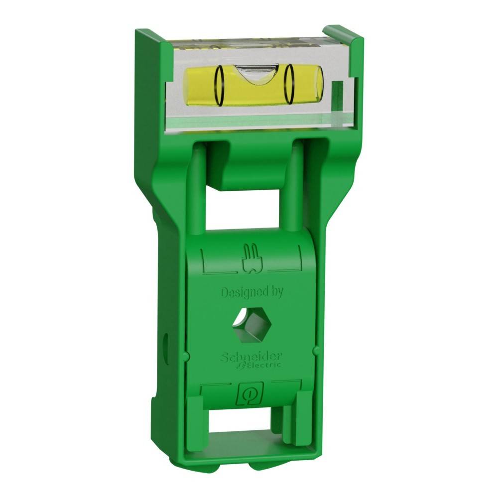 Grünes Plastikwerkzeug mit integrierter Wasserwaage, für Montagezwecke konzipiert, mit der Aufschrift 'Designed by Schneider Electric.
