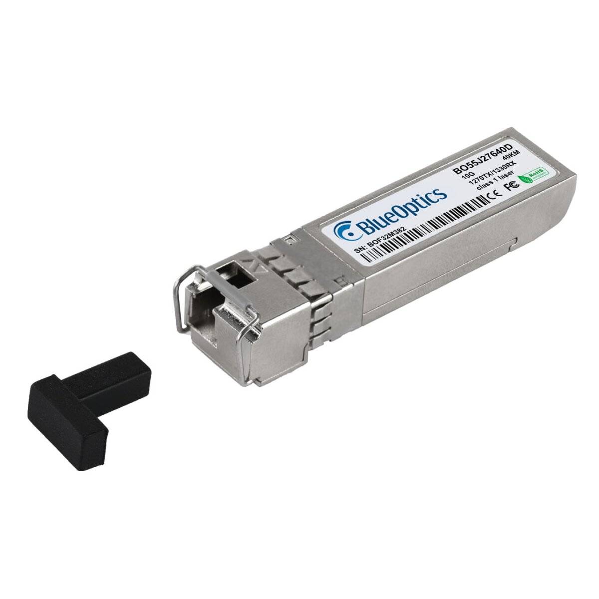 BlueOptics Faseroptik-Transceiver-Modul mit abnehmbarer schwarzer Schutzkappe auf weißem Hintergrund.