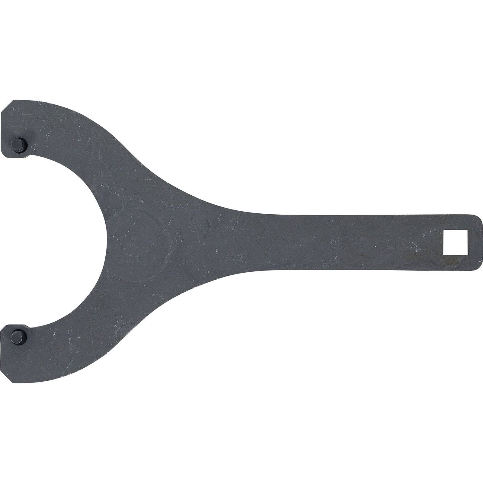 Ein schwarzer Sperrkeilschlüssel mit einer runden Öffnung, der zum Befestigen oder Lösen von Rundverbindungen konzipiert ist und einen langen Griff besitzt.