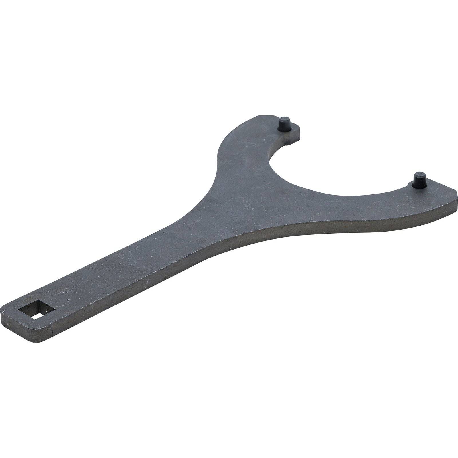 Ein flacher, metallener Schraubenschlüssel mit Y-förmigem Design und zwei Stifte an den offenen Enden, der zum Anziehen oder Lösen spezieller Muttern oder Befestigungen verwendet wird.