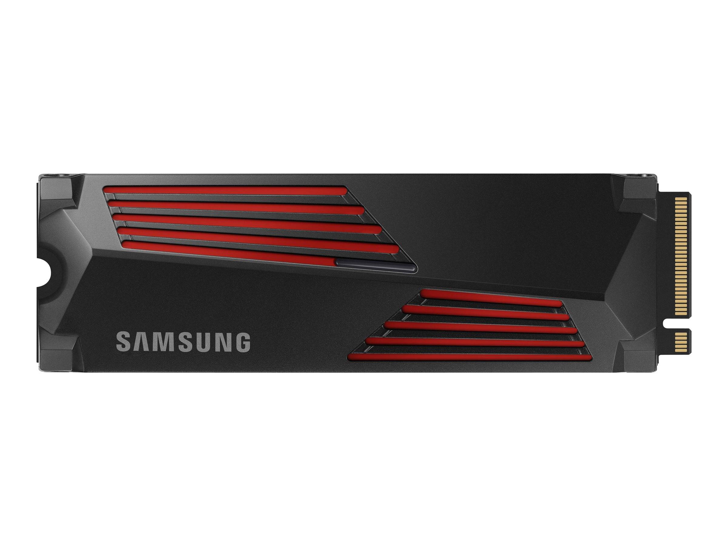 Samsung M.2-Solid-State-Drive mit schwarzem Wärmeverteiler und roten Schlitzakzenten, auf weißem Hintergrund dargestellt.