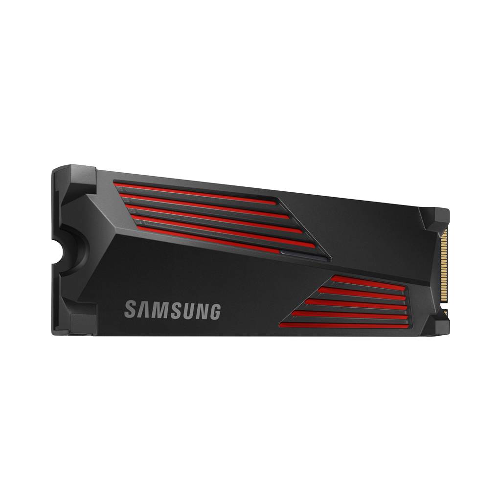 Samsung M.2 NVMe Solid-State-Laufwerk mit schwarzem Kühlkörper und roten Akzenten, isoliert auf weißem Hintergrund dargestellt.