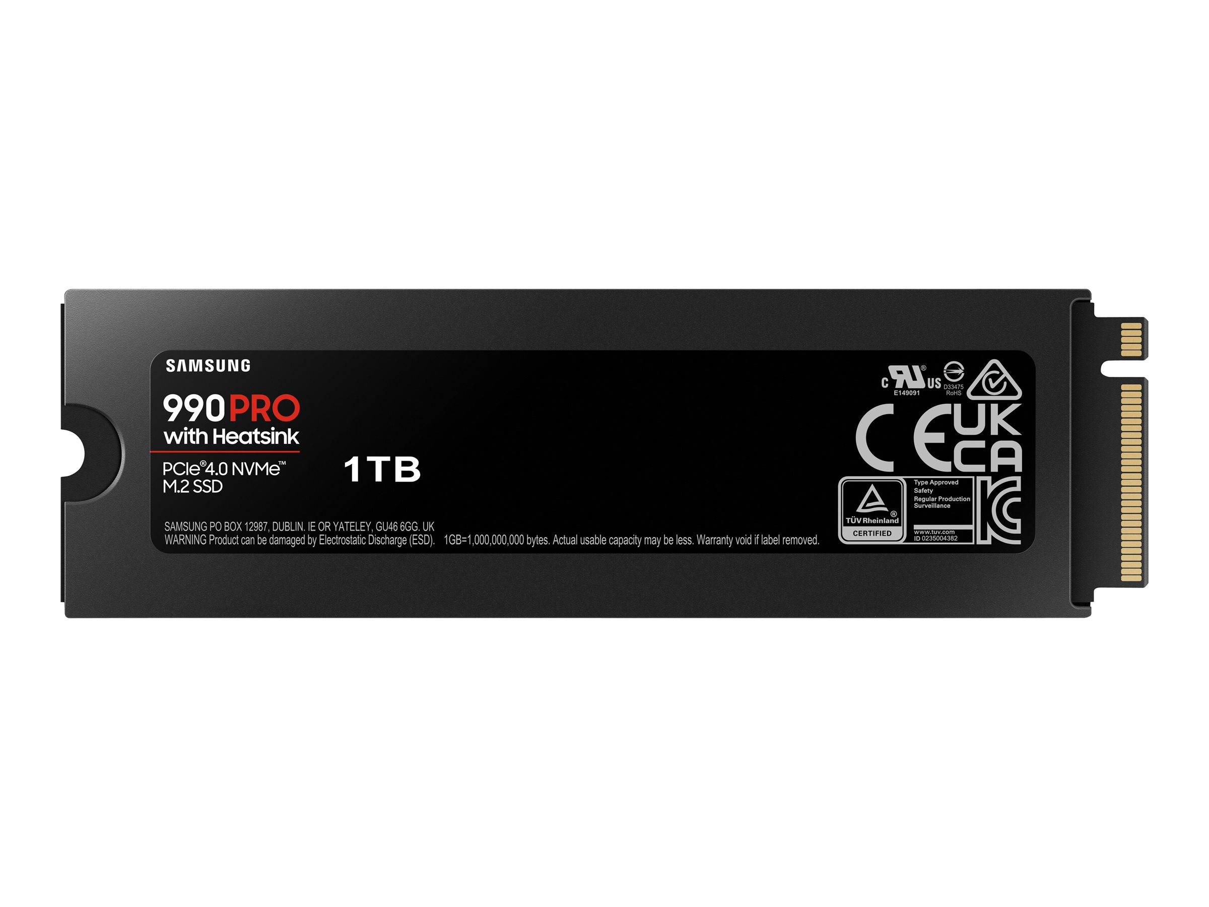 Samsung 990 PRO mit Kühlkörper 1TB M.2 NVMe SSD in Schwarz, gezeigt auf weißem Hintergrund.