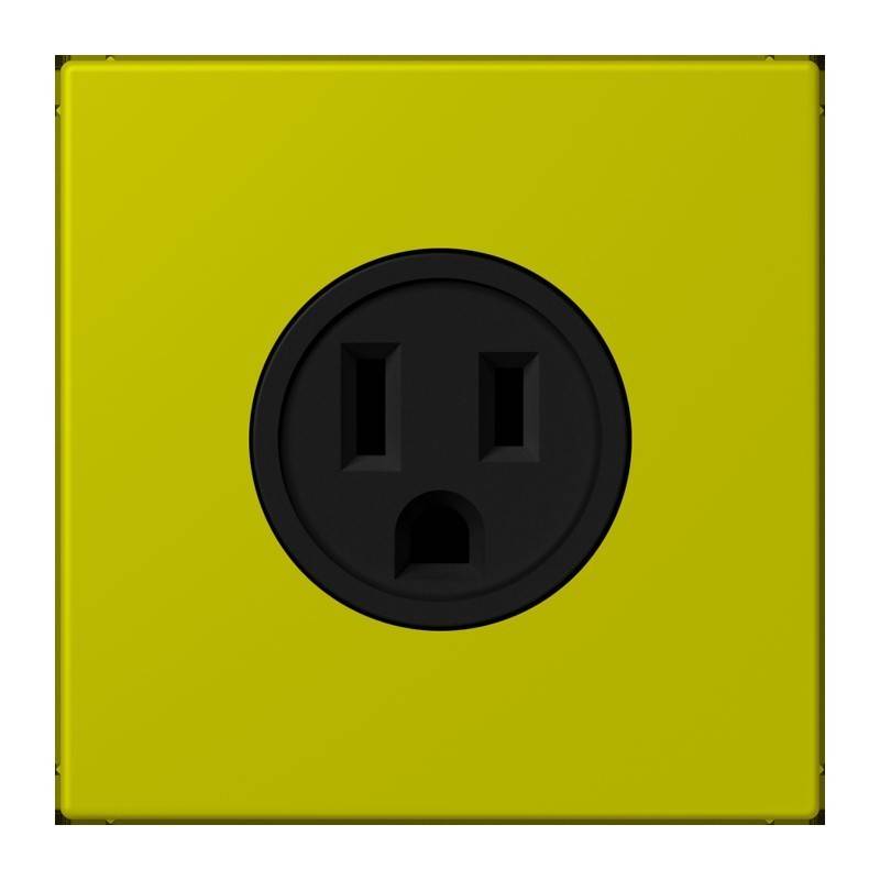 Eine gelbe quadratische Steckdose mit schwarzer Abdeckplatte, die zwei parallele Schlitze und ein rundes Erdungsloch zeigt, ähnlich einer Standard-US-Steckdose.