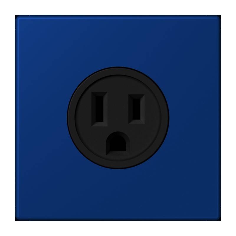Eine blaue Steckdose mit einem schwarzen Sockel, die zwei vertikale Schlitze und ein rundes Loch zeigt.