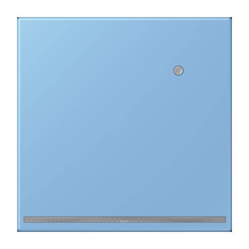 Ein blaues quadratisches Metallpanel mit einem kleinen runden Knopf in der Nähe der oberen rechten Ecke und einem schmalen Lüftungsstreifen am unteren Rand.