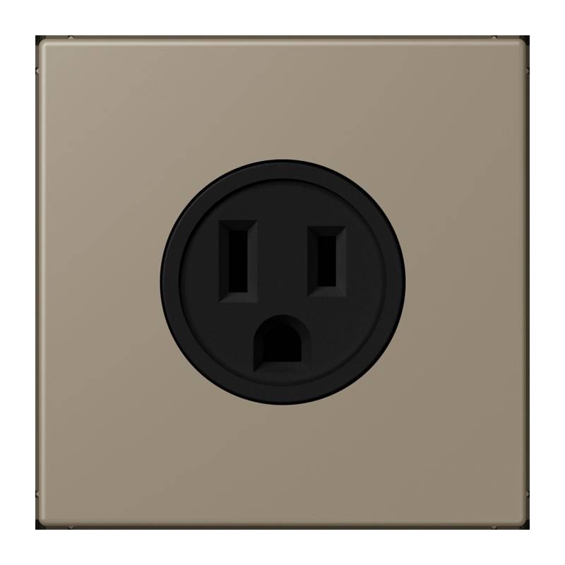 Eine geerdete Steckdose auf einer beigen Wandplatte, die die gängige Dreipol-Steckdosengestaltung zeigt.