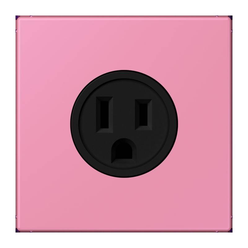 Eine rosa Wandsteckdose mit standardmäßigem nordamerikanischem Steckdosendesign, die zwei vertikale Schlitze und ein rundes Erdungsloch aufweist.