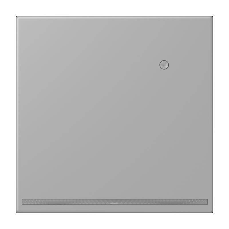 Quadratische Metallplatte mit einem kleinen kreisförmigen Knopf in der oberen rechten Ecke und einem schmalen horizontalen Lüftungsschlitz am unteren Rand.