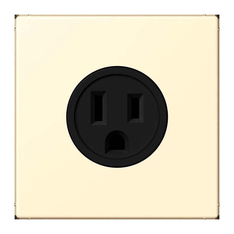 Eine beige Wandsteckdose mit zwei vertikalen Schlitzen und einem runden Erdungsloch, die einer NEMA 5-15 Steckdose ähnelt.
