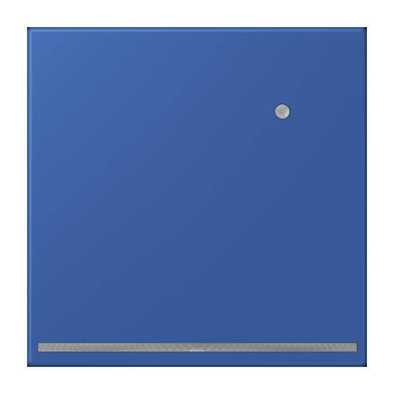 Ein quadratisches blaues Duschtablett mit einem silbernen Ablaufstreifen am unteren Rand und einem kleinen runden Ablaufdeckel in der Nähe der oberen rechten Ecke.