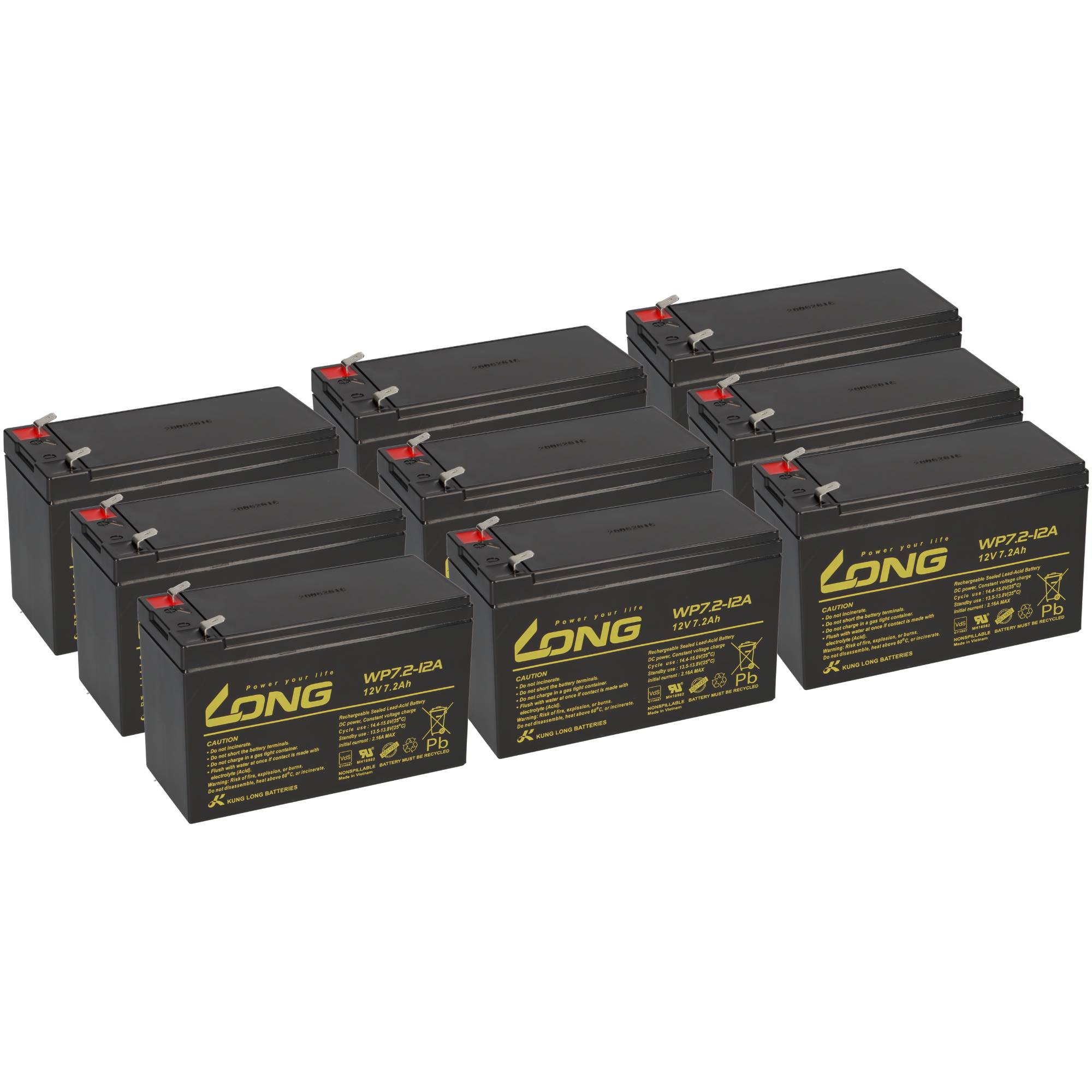 Ein Satz von sechs schwarzen LONG-Markenbatterien vom Typ versiegelte Blei-Säure-Batterien, angeordnet in Reihen auf weißem Hintergrund.
